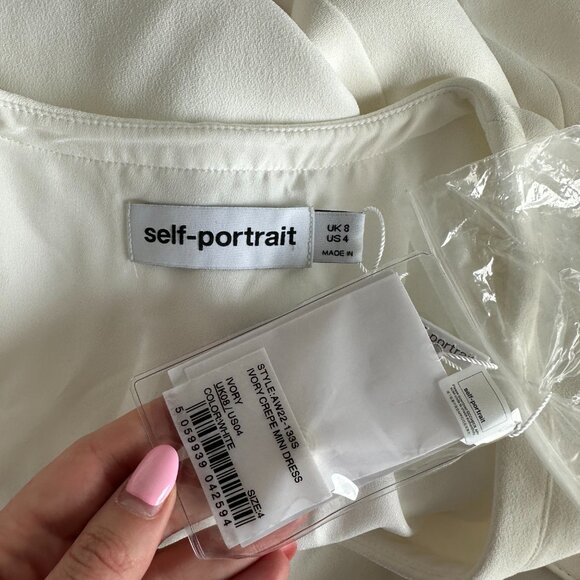 NWT Self-Portrait Ivory Crepe Mini Dress Belted Bow Details Pleated Skirt Sz 4 - Picture 2 of 8